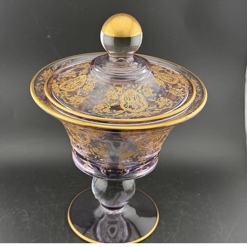 Vintage Lavender Glass Candy Dish: Gold Encrusted, Floral Lidded Compote Jar